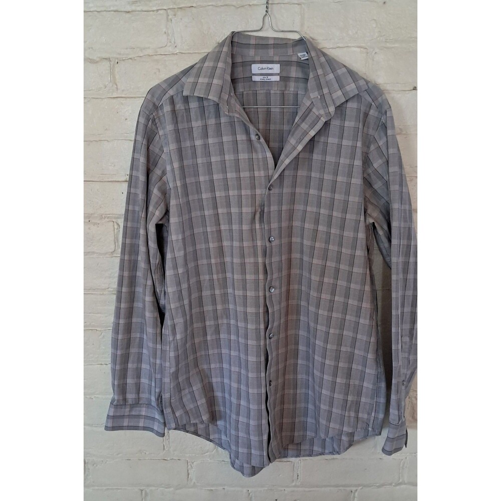 Mens Calvin Klein Button Down Dress Shirt Size M Grey Plaid Slim Fit